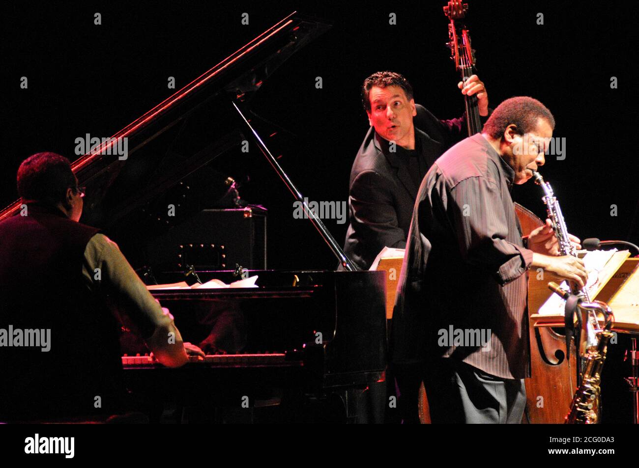 Jazz legend Wayne Shorter performing live, alogside John Patitucci (bass) and Danilo Pérez (piano) Stock Photo