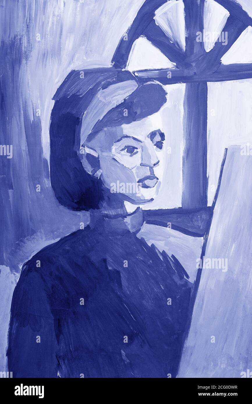 Portrait painting of young girl in monochrome colors. Stock Photo