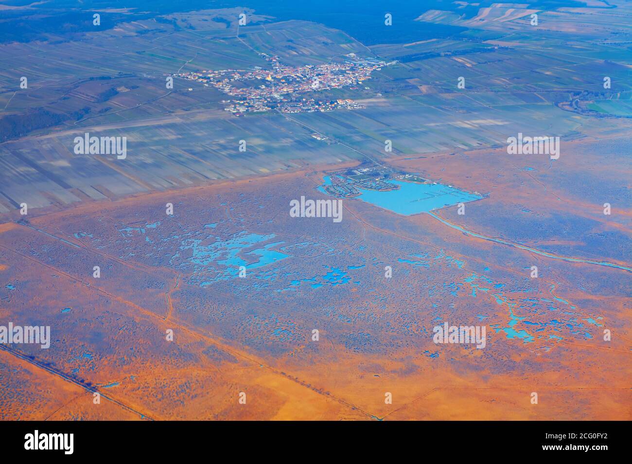 Jois town and Lake Neusiedl in Austria  . Aerial view of  Neusiedler See and wetland Stock Photo