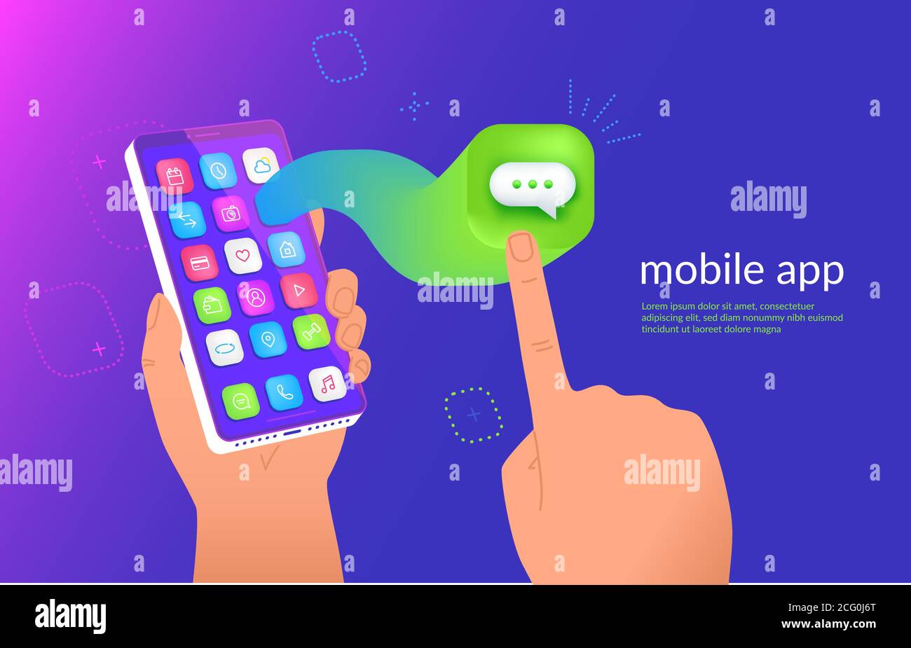 Isometric smartphone with messenger application flying out the screen for a presentation Stock Vector