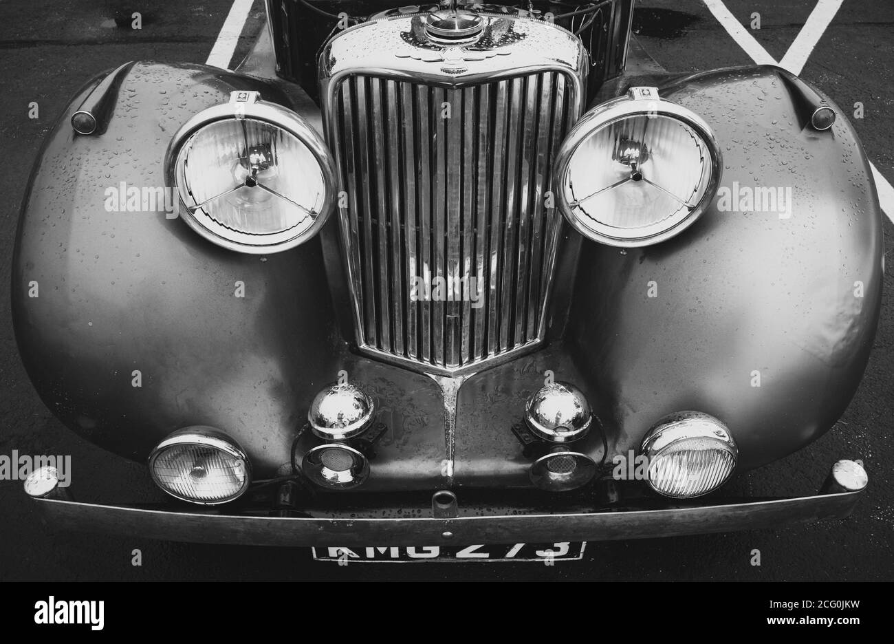 antique jaguar front end in black and white Stock Photo