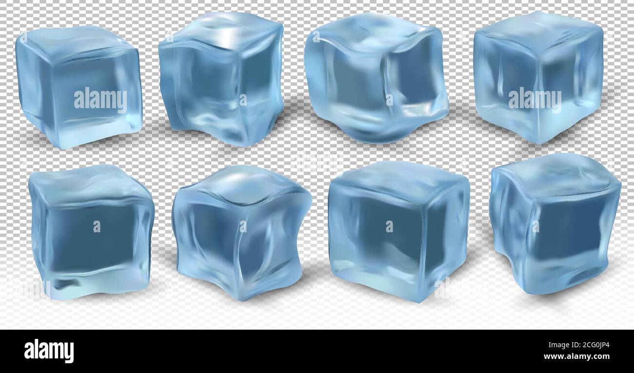 Realistic ice cubes on transparent background. Eight blue ice cubes for
