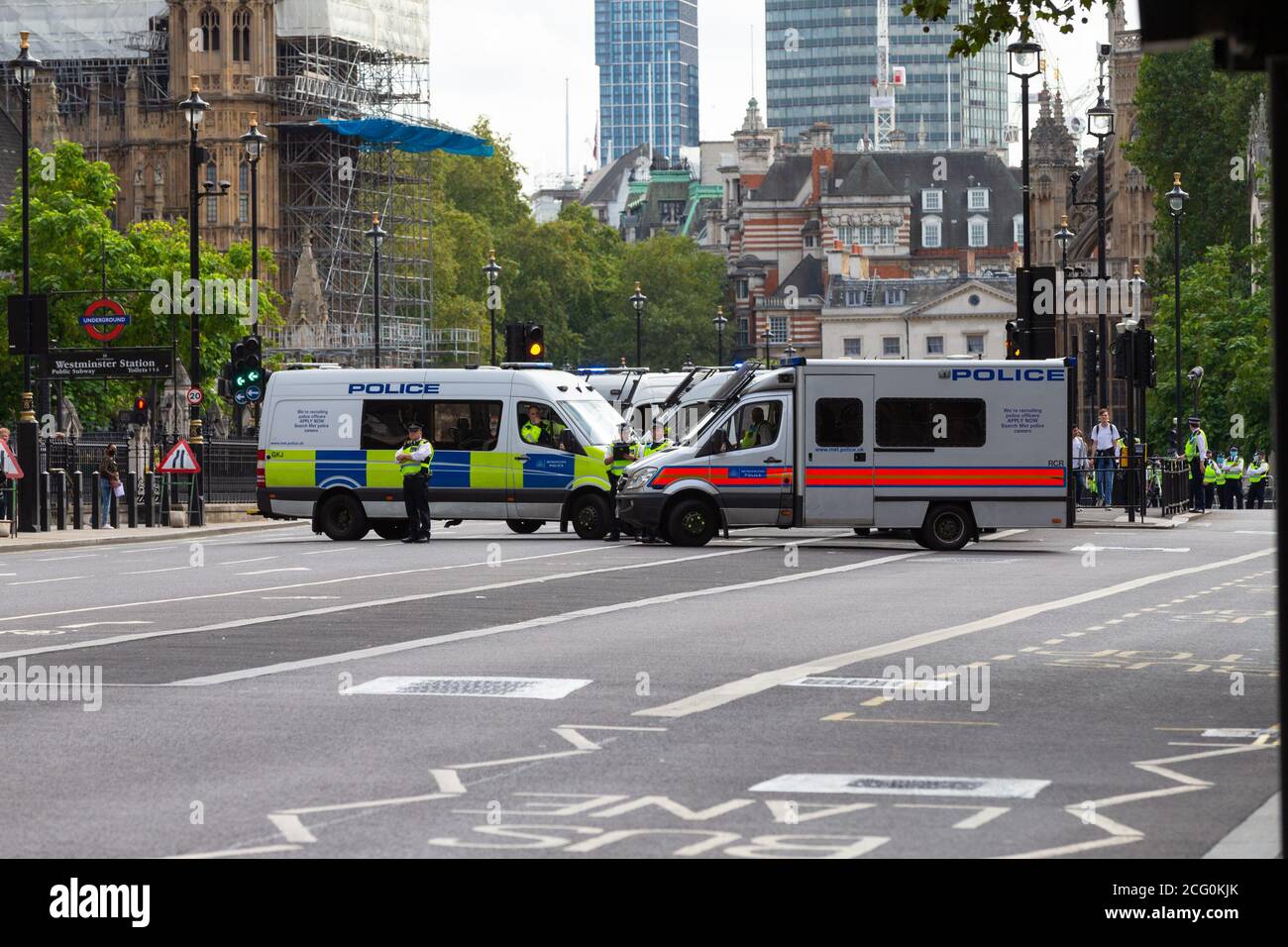 Westminster, London, UK. 8th Sep, 2020. On day 8, Extinction Rebellion XR march down Whitehall in protest. Police vans block barricading the entrance to Parliament street. Photo Credit: Paul Lawrenson-PAL Media/Alamy Live News Stock Photo