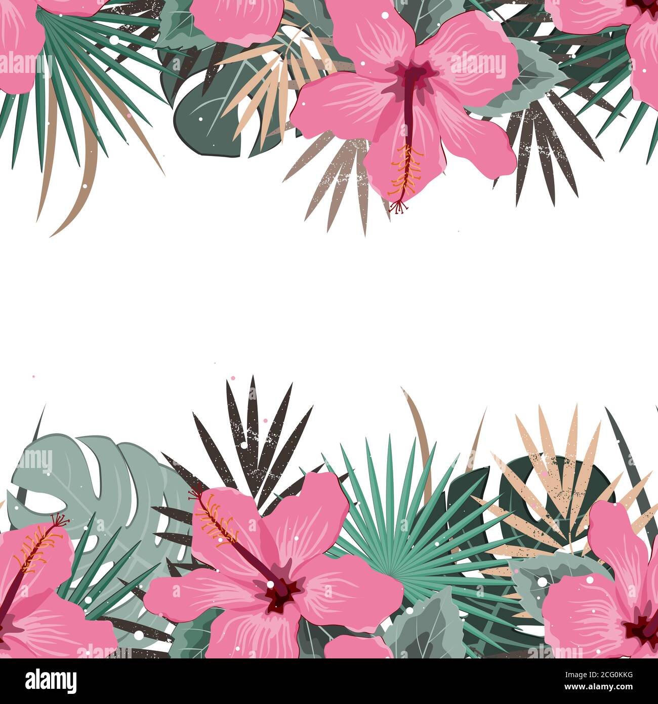 Summer border with tropical palm leaves and hibiscus flowers. Tropic