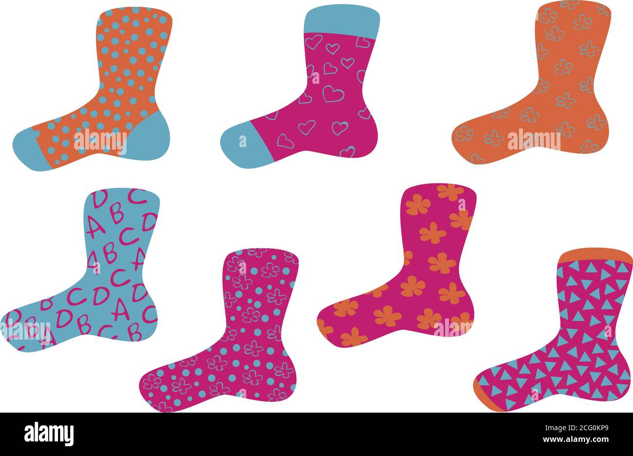 Vector set of colorful socks filled with patterns isolated on white background. Vector socks design. Stock Vector