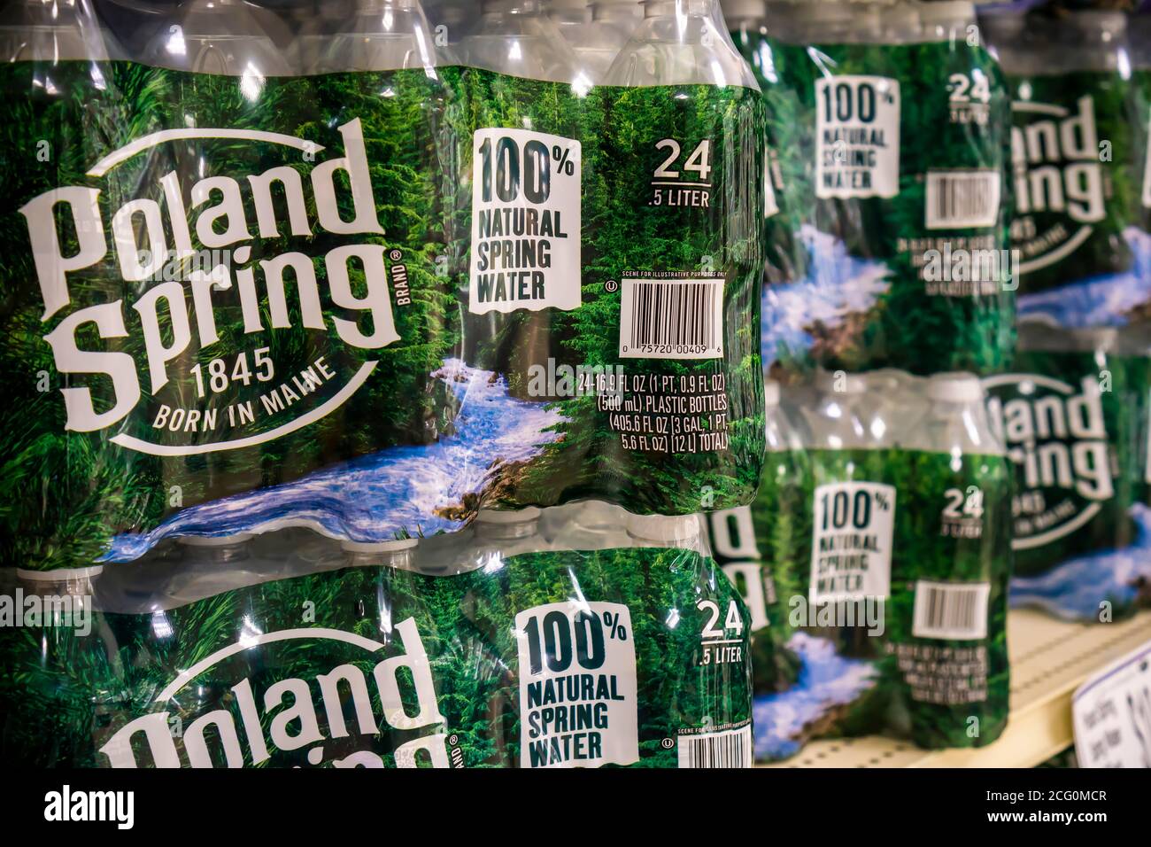Cases of Poland Spring brand water in a supermarket in New York on