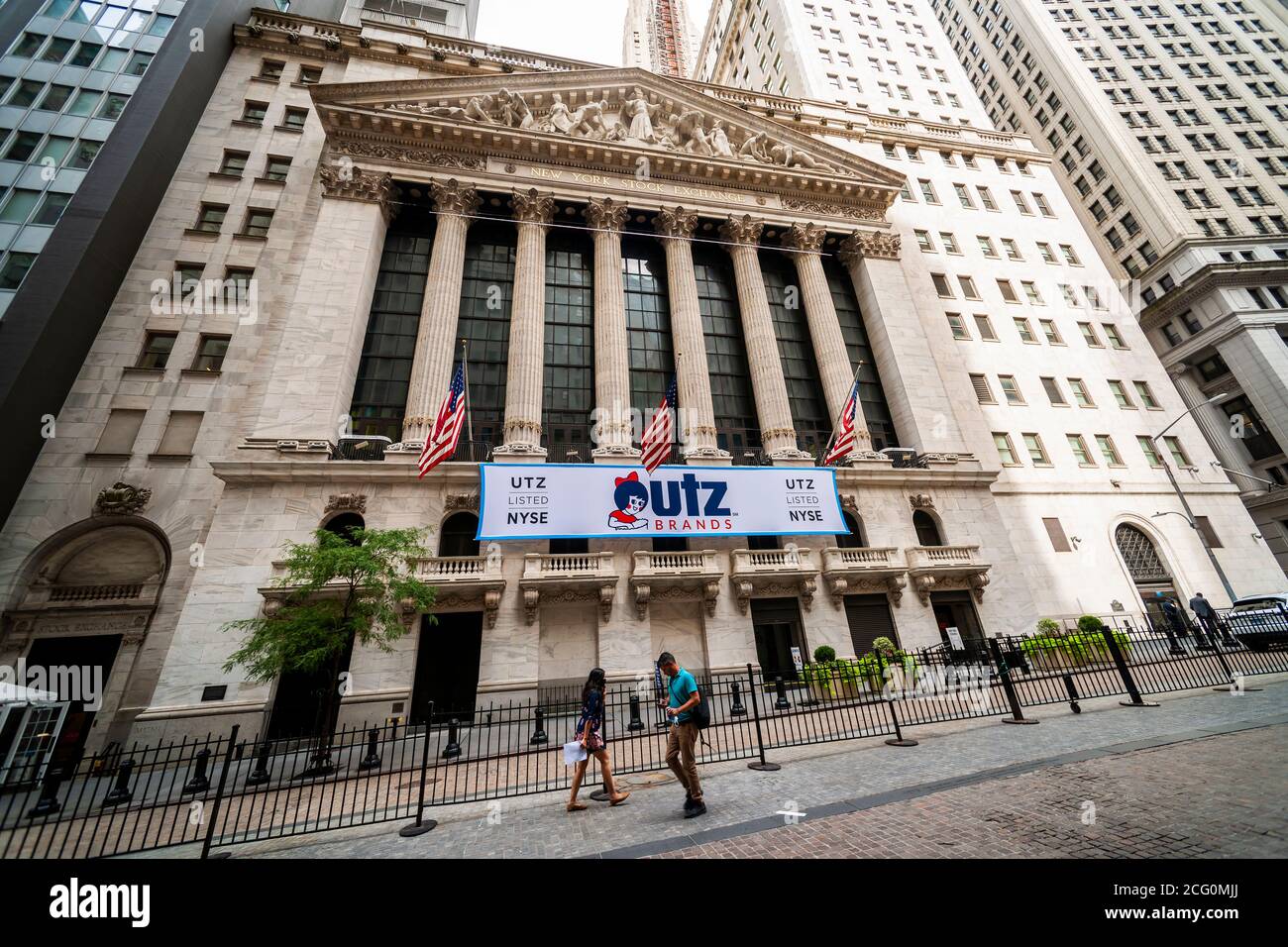 The New York Stock Exchange in New York is decorated on Monday, August 31, 2020 for the initial public offering of Utz Quality Foods. The 99 year-old family owned company gained market share during the pandemic as consumers, locked down and bored, gorged on its snack brands. In addition to the IPO, action at the NYSE includes changes to how the Dow Jones Industrial Average is calculated take place today. (© Richard B. Levine) Stock Photo