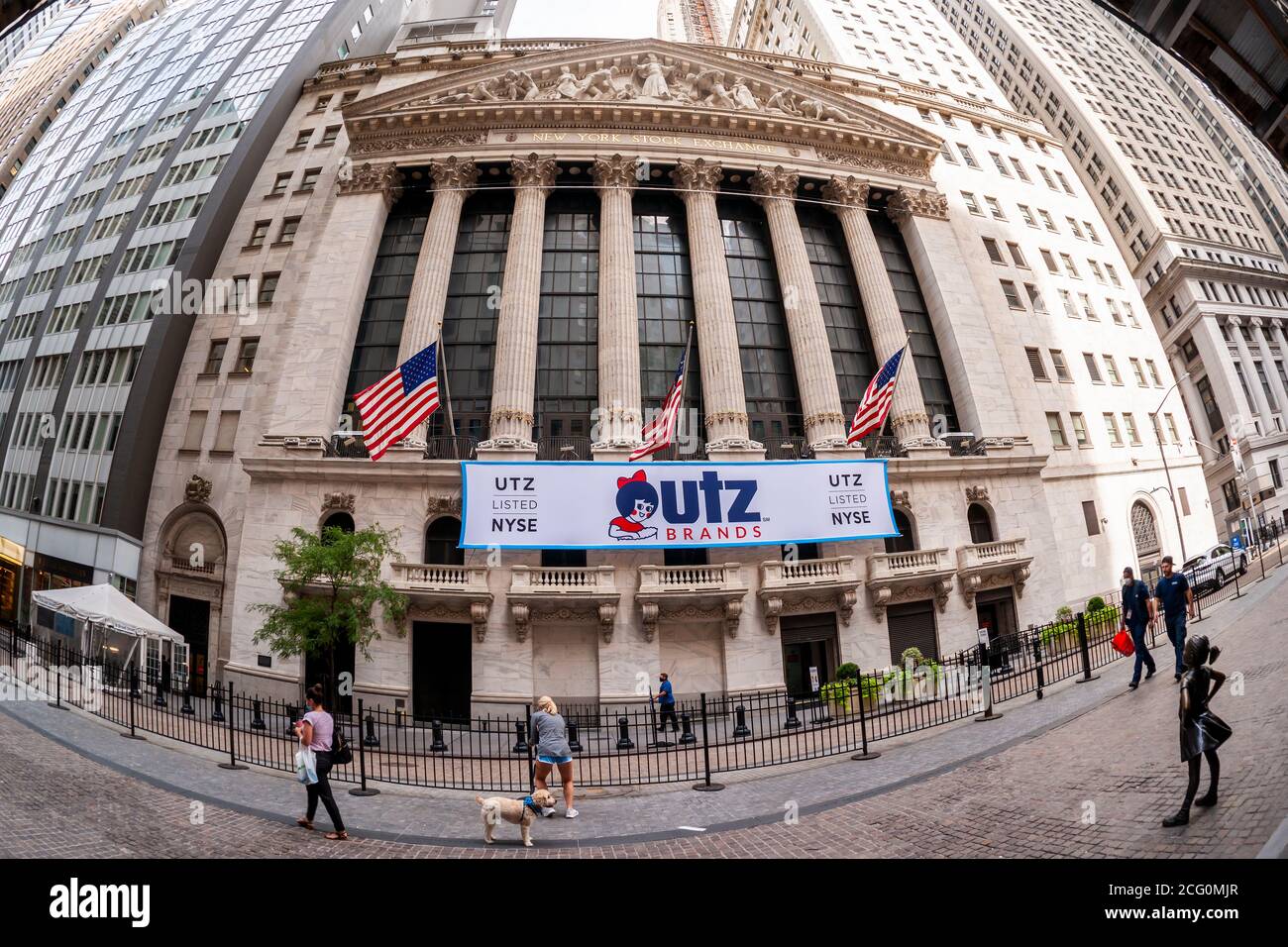 The New York Stock Exchange in New York is decorated on Monday, August 31, 2020 for the initial public offering of Utz Quality Foods. The 99 year-old family owned company gained market share during the pandemic as consumers, locked down and bored, gorged on its snack brands. In addition to the IPO, action at the NYSE includes changes to how the Dow Jones Industrial Average is calculated take place today. (© Richard B. Levine) Stock Photo