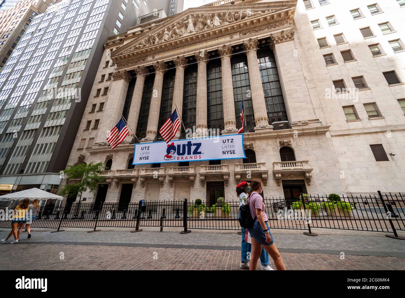 The New York Stock Exchange in New York is decorated on Monday, August 31, 2020 for the initial public offering of Utz Quality Foods. The 99 year-old family owned company gained market share during the pandemic as consumers, locked down and bored, gorged on its snack brands. In addition to the IPO, action at the NYSE includes changes to how the Dow Jones Industrial Average is calculated take place today. (© Richard B. Levine) Stock Photo