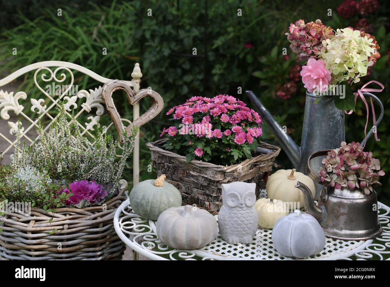 autumn garden decoration with flowers in basket, pumpkins and own figure Stock Photo
