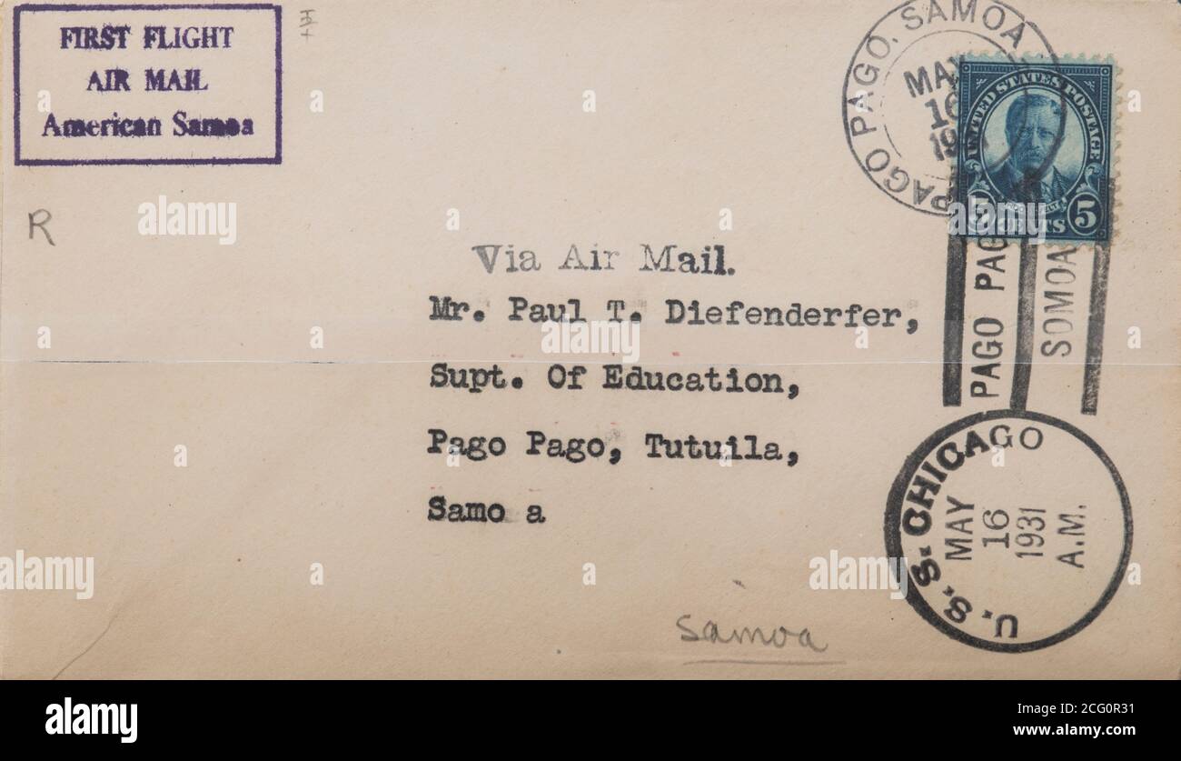 First Flight Air Mail in American Samoa flown from the USS Chicago on 16th May 1931 Stock Photo