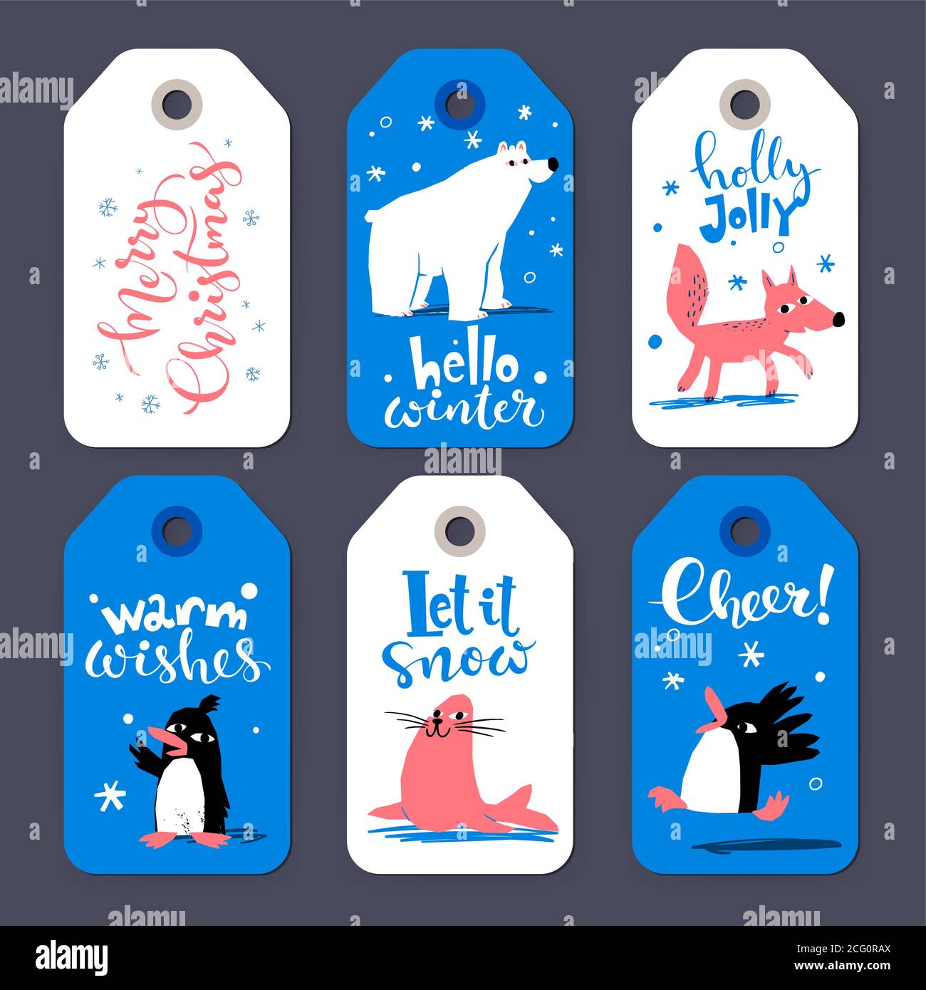 Winter sale Cheer and Merry Christmas tags with cute penguins and animals Stock Vector