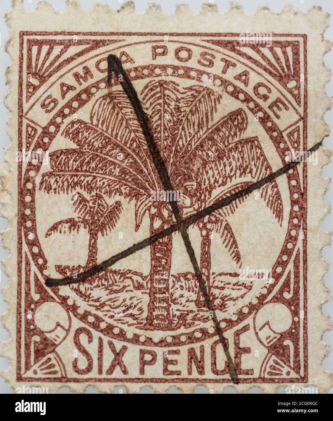 A 6d Palm Tree stamp from the John Davis PO cancelled with an ink cross Stock Photo