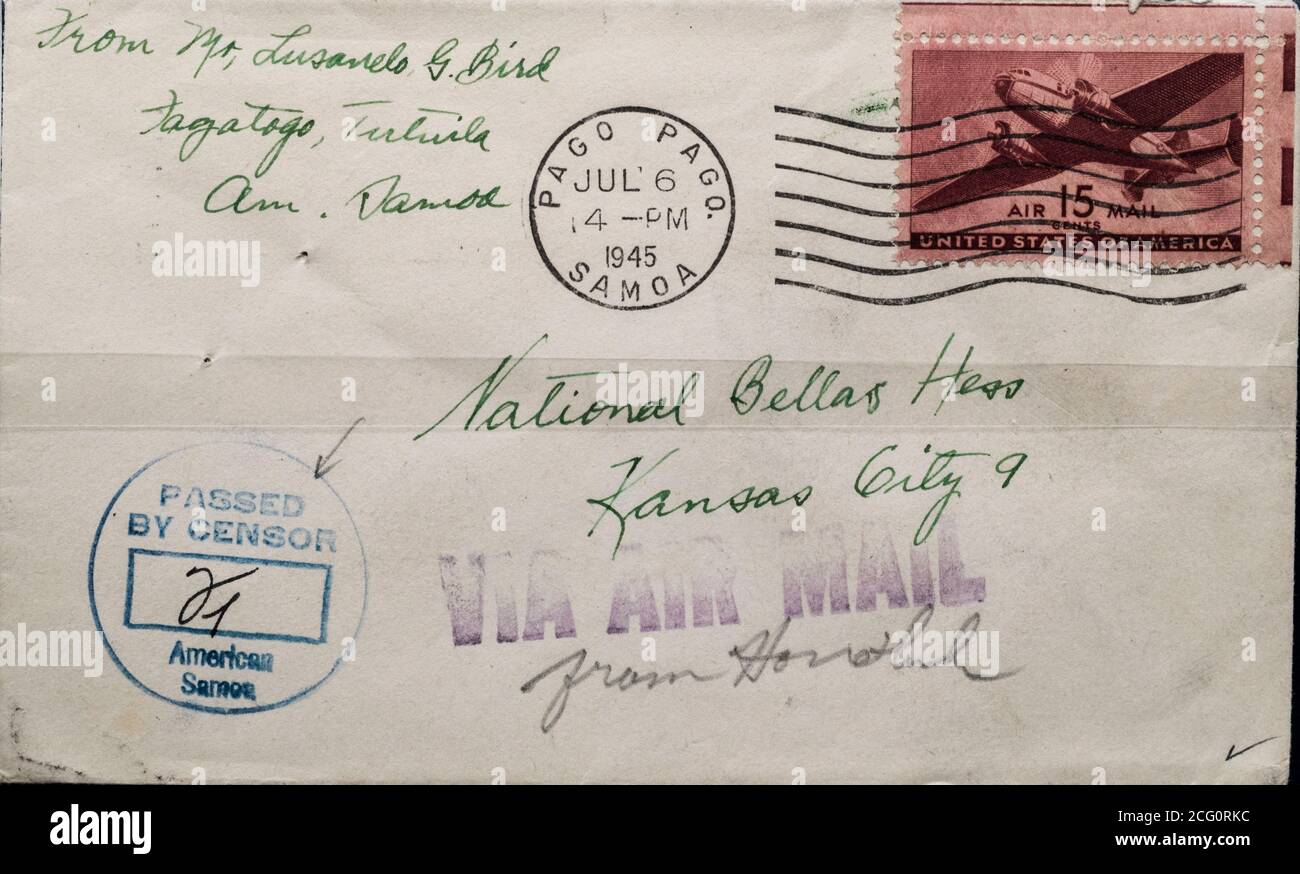 1945 civilian censored airmail cover from American Samoa to the USA at the 15 cent rate Stock Photo
