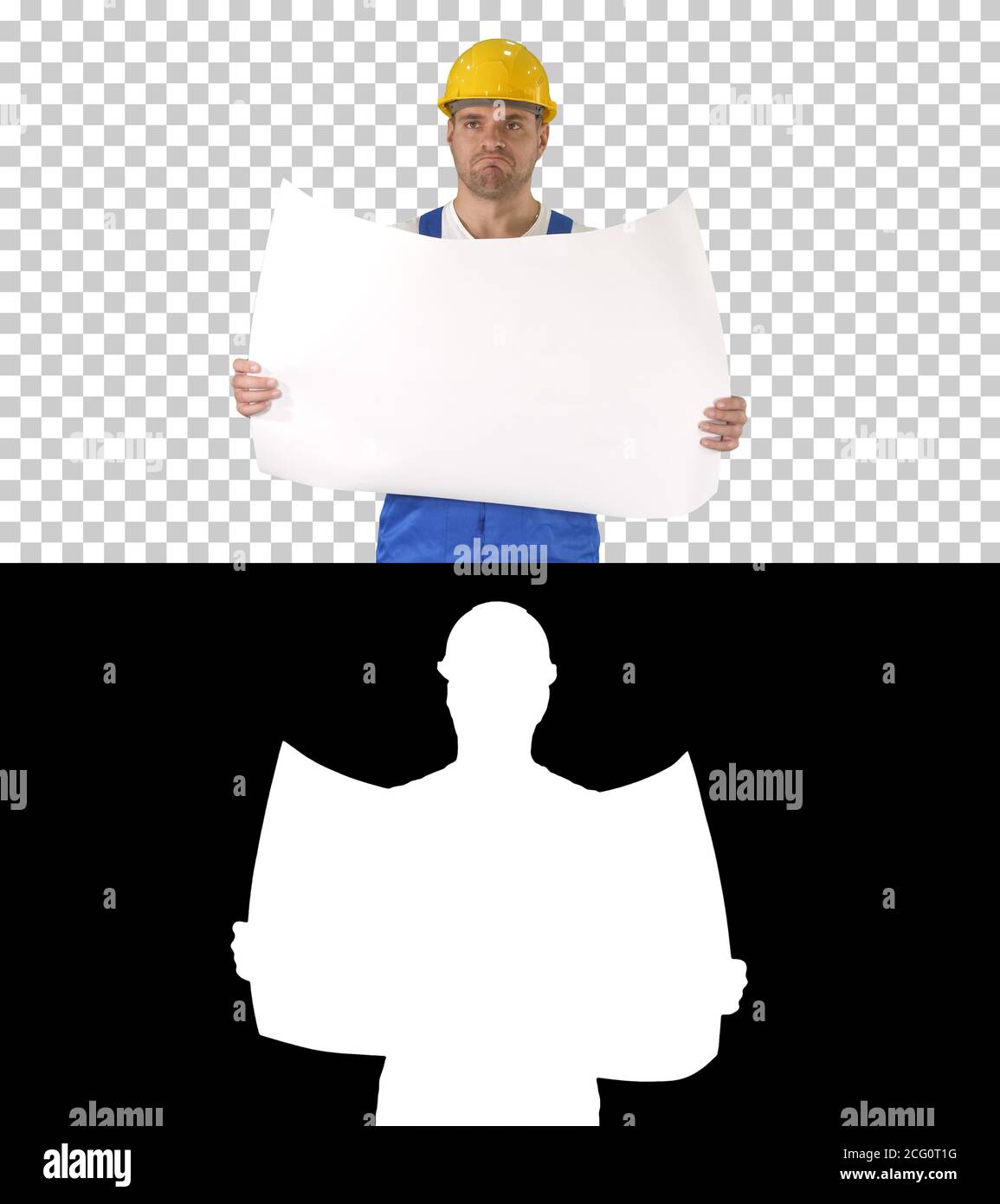 Construction worker checking blueprints on site, Alpha Channel Stock Photo