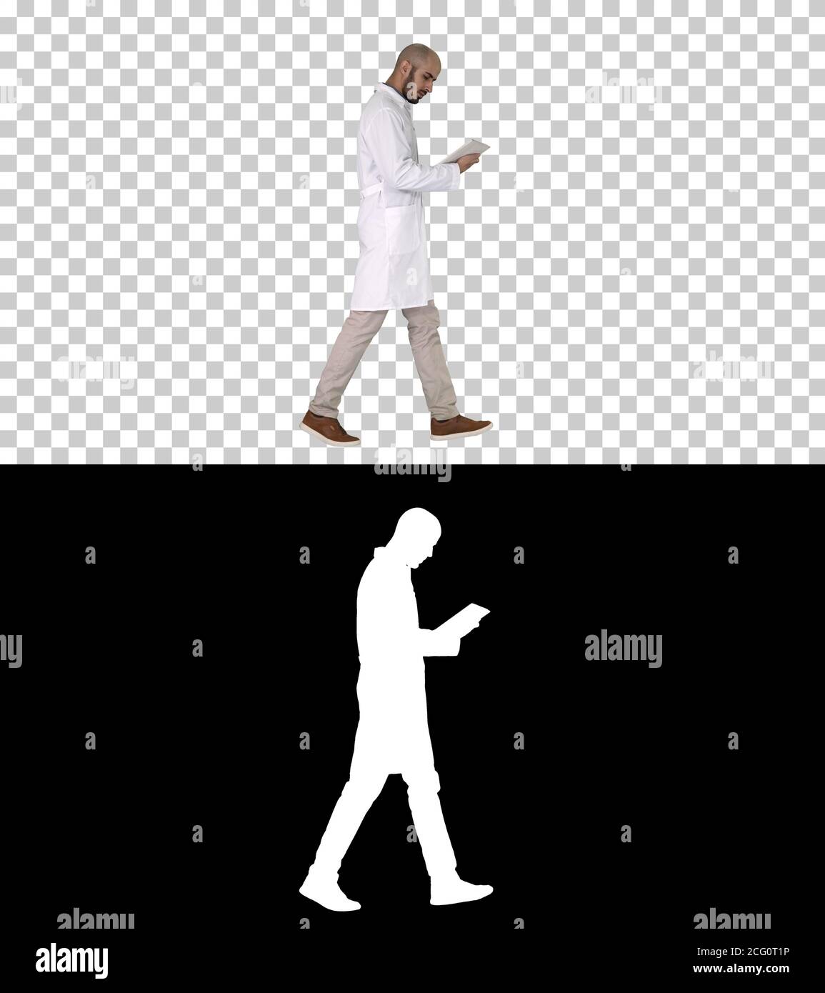 Doctor checking his tablet walking, Alpha Channel Stock Photo