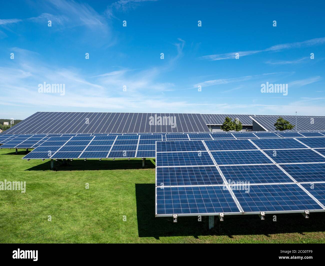 Solar park photovoltaic system stands in the field Stock Photo