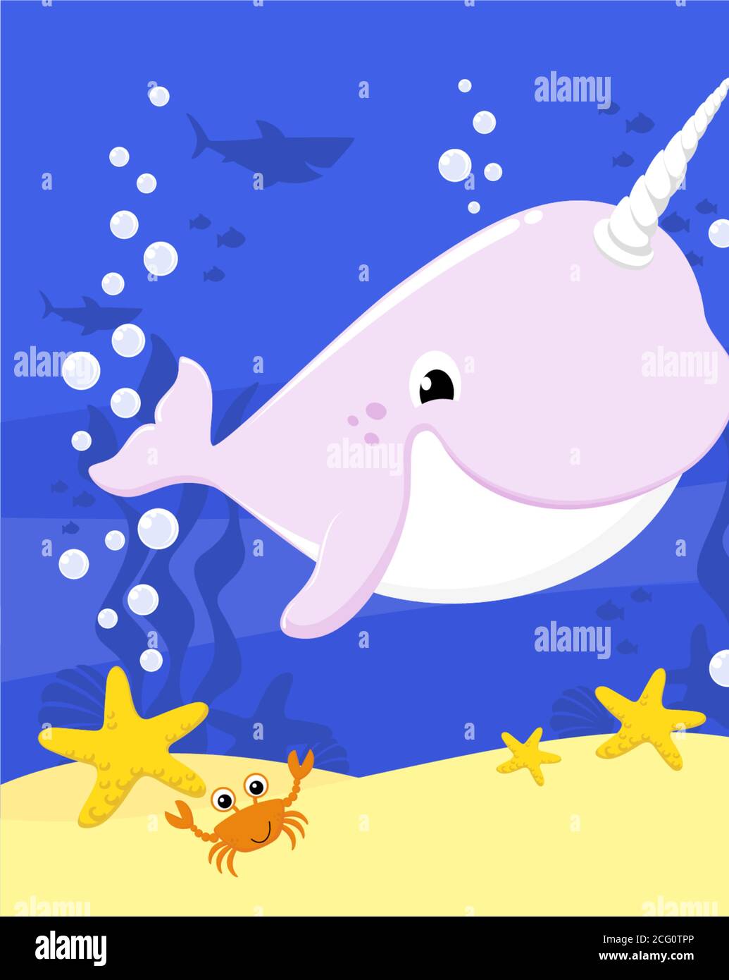 cute baby narval cartoon illustration with bubbles and under the sea background. Marine unicorn. Design for baby and child Stock Vector