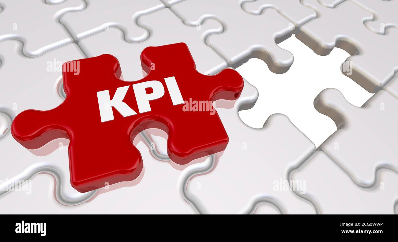 Folded white puzzles elements and one red with text KPI (Key ...