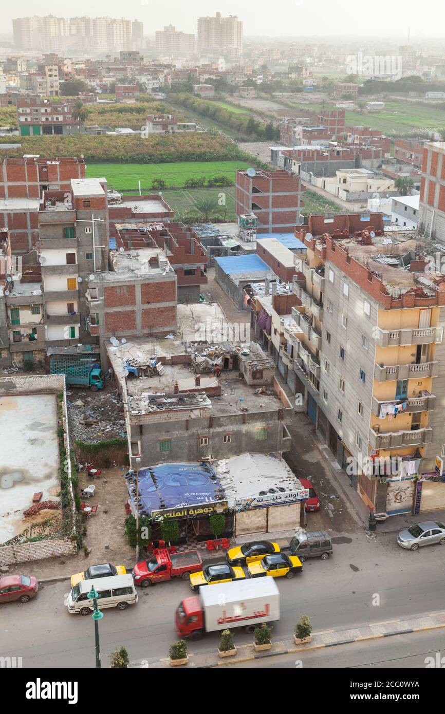 Alexandria, Egypt - December 11, 2018: Aerial view at poor living houses of Montazah district of Alexandria. Vertical photo Stock Photo