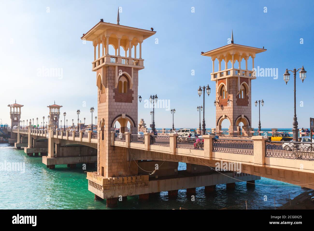 Alexandria, Egypt - December 14, 2018: People walk the Stanley Bridge, popular landmark of Alexandria, Egypt Stock Photo