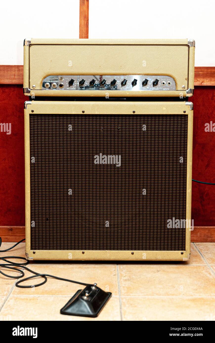 Front view of electric guitar amplifier music studio and stage equipment no people Stock Photo