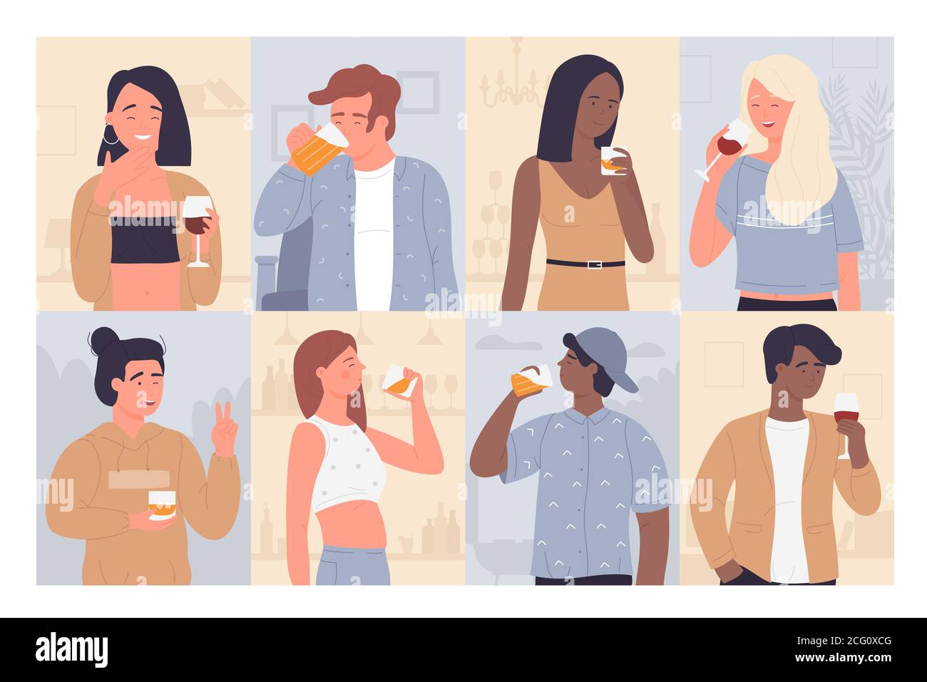 Drinking people vector illustration set. Cartoon flat adult man woman characters drink alcoholic beverage, young happy girl and guy standing with glass of wine, beer at party collection background Stock Vector