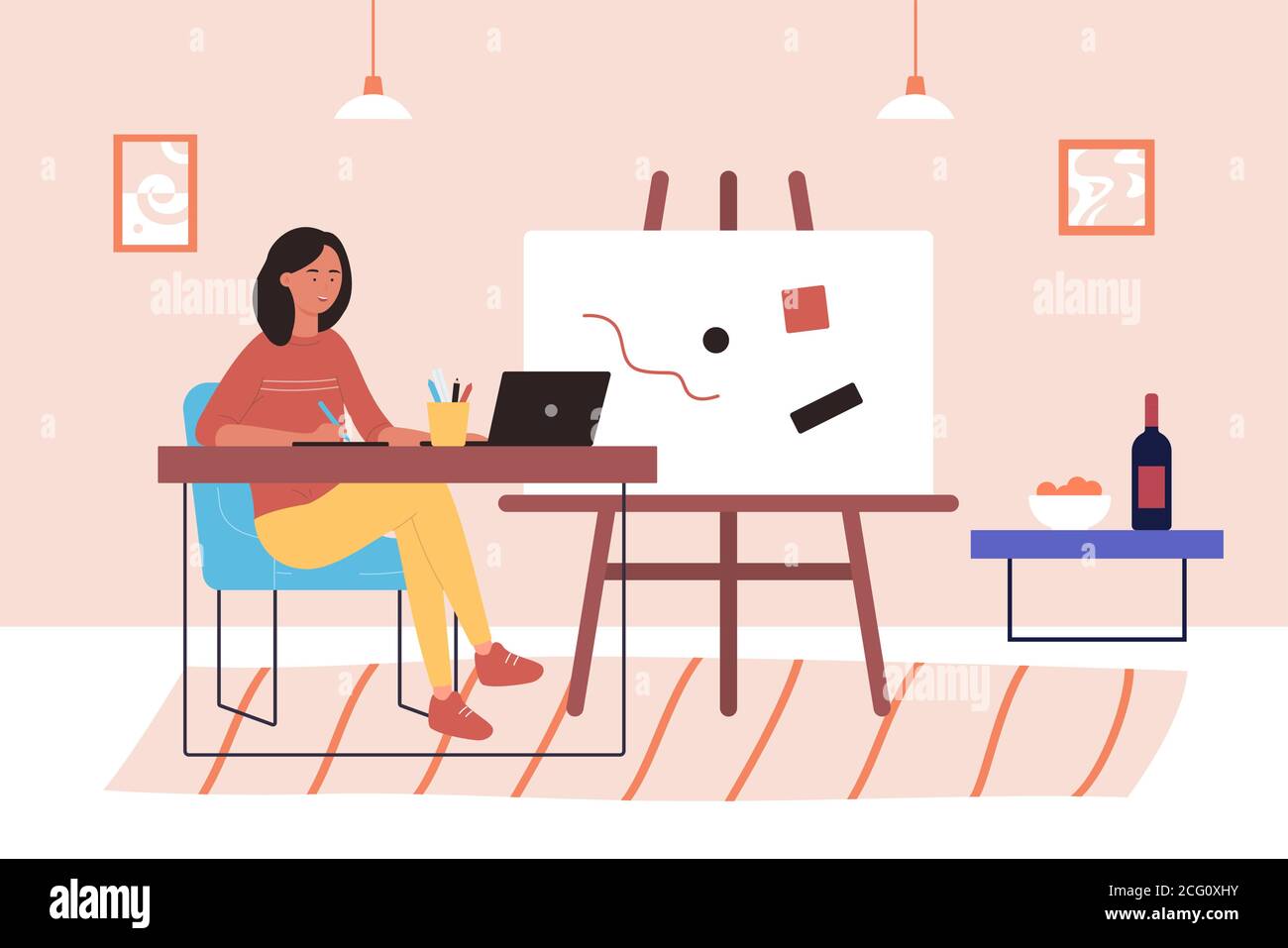 Freelance Illustrator Art Work Flat Vector Illustration Cartoon Happy Young Woman Freelancer Artist Designer Character Working With Laptop Sitting At Home Desk Workplace Digital Design Background Stock Vector Image Art