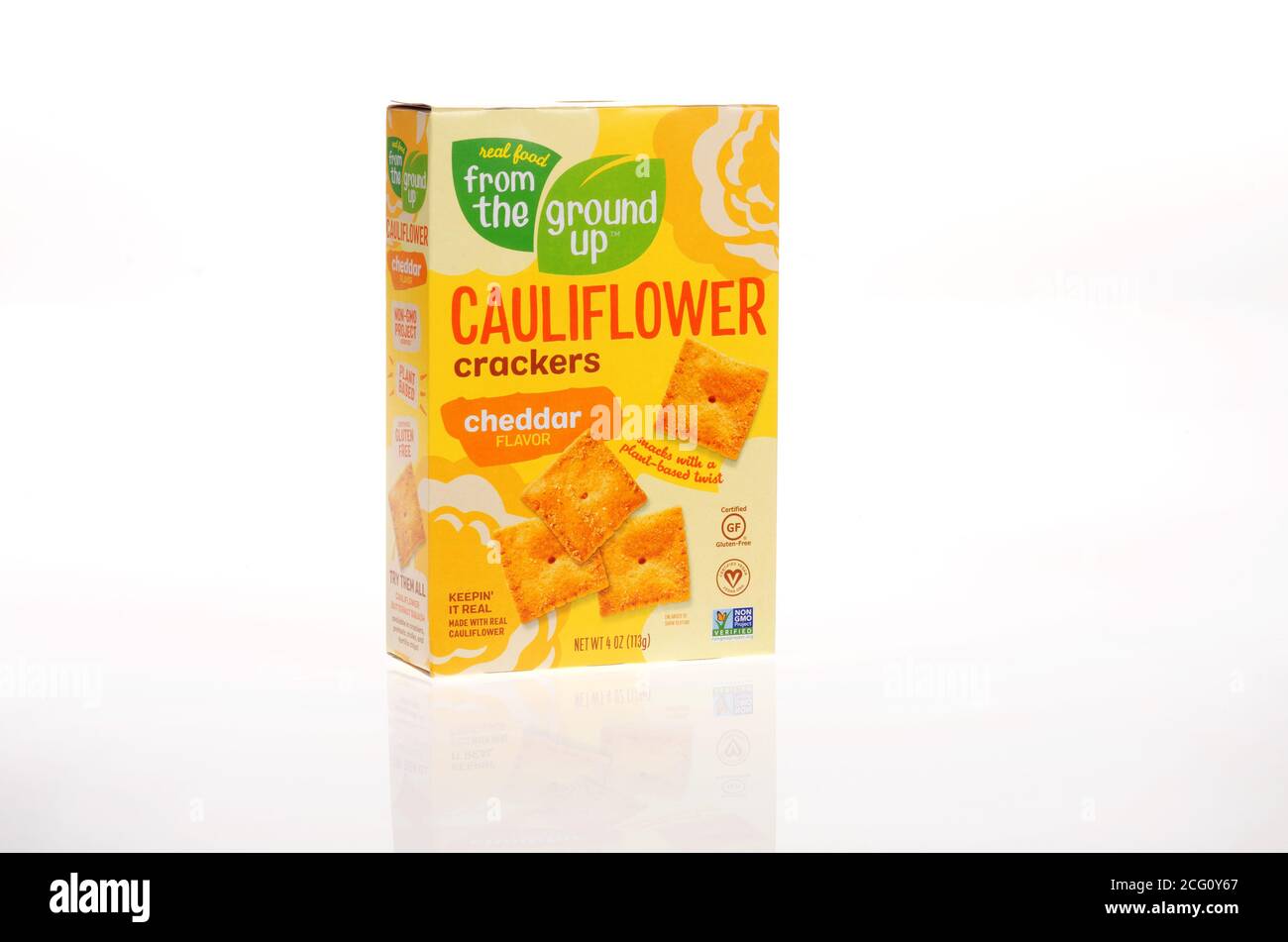 Box of Cauliflower Crackers in Cheddar flavor. Plant based, gluten free, vegan, non-gmo, by from the ground up Stock Photo