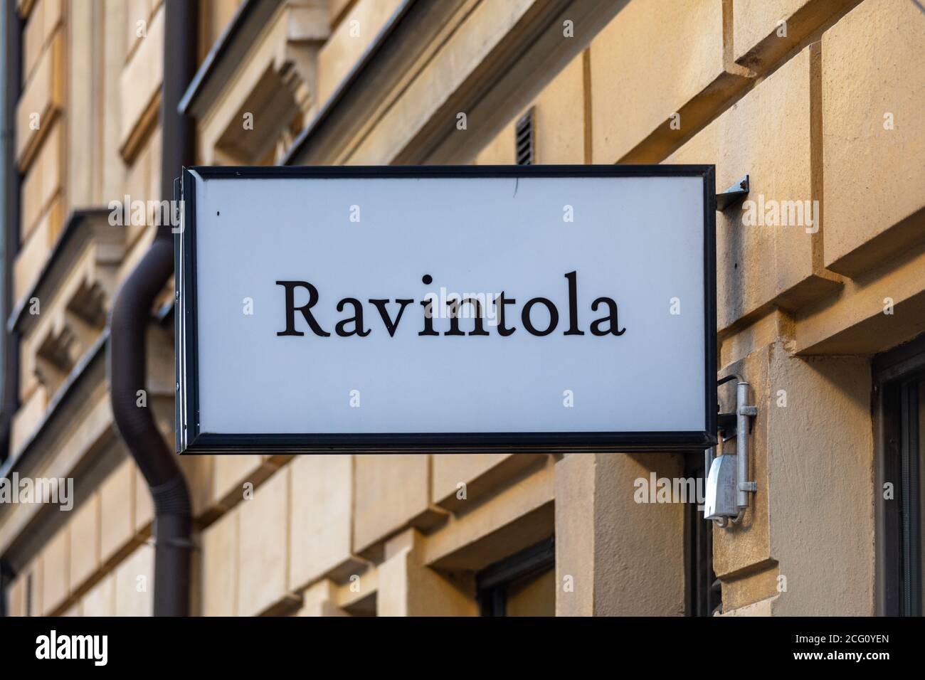 Ravintola. Restaurant sign in Kruununhaka district of Helsinki, Finland. Stock Photo