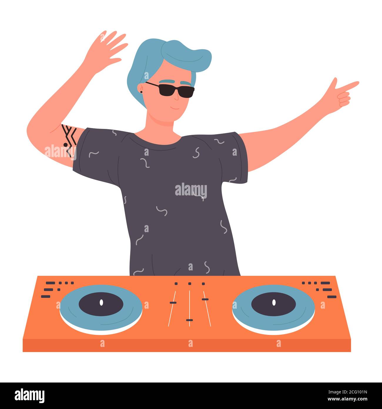 DJ young man with sunglasses on musical party vector illustration. Cartoon flat male dancing DJ character with turntable mixer making contemporary music in night club, spinning disc isolated on white. Stock Vector