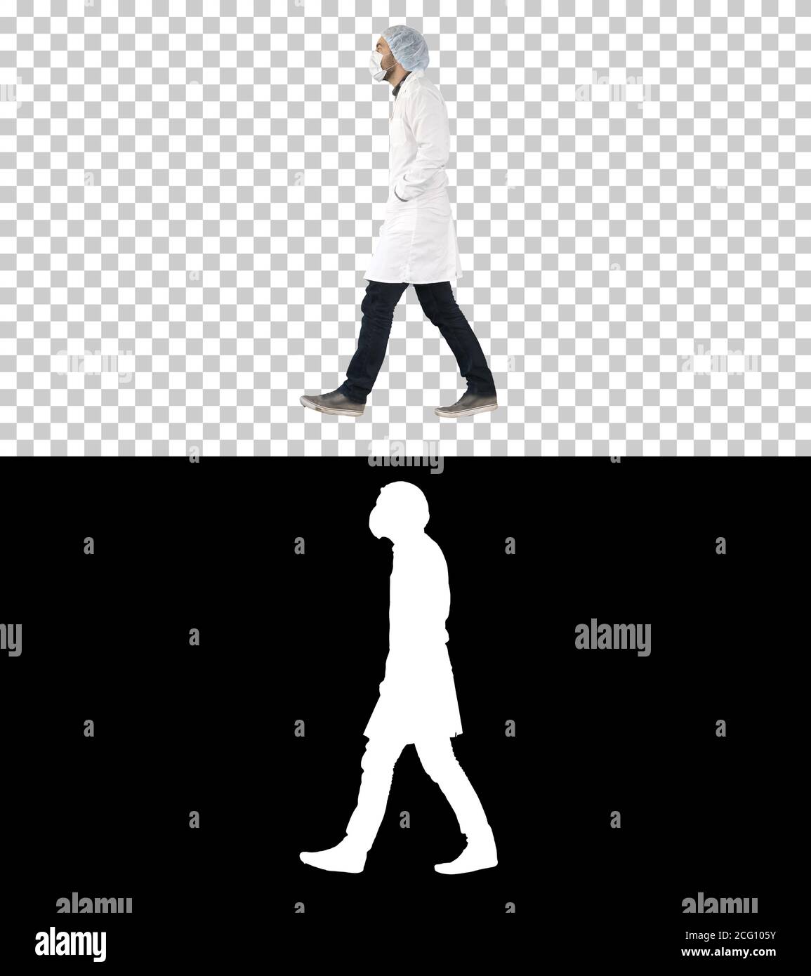 Walking doctor puting medical mask on, Alpha Channel Stock Photo
