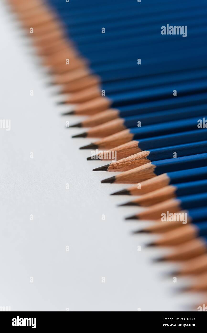 Close up of tops of new blue sharpened pencils on white paper. Stock Photo