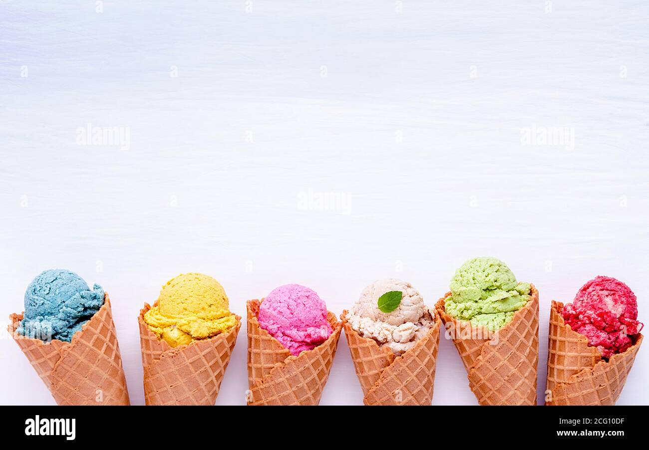 Various of ice cream flavor in cones blueberry ,strawberry ,pistachio Stock Photo