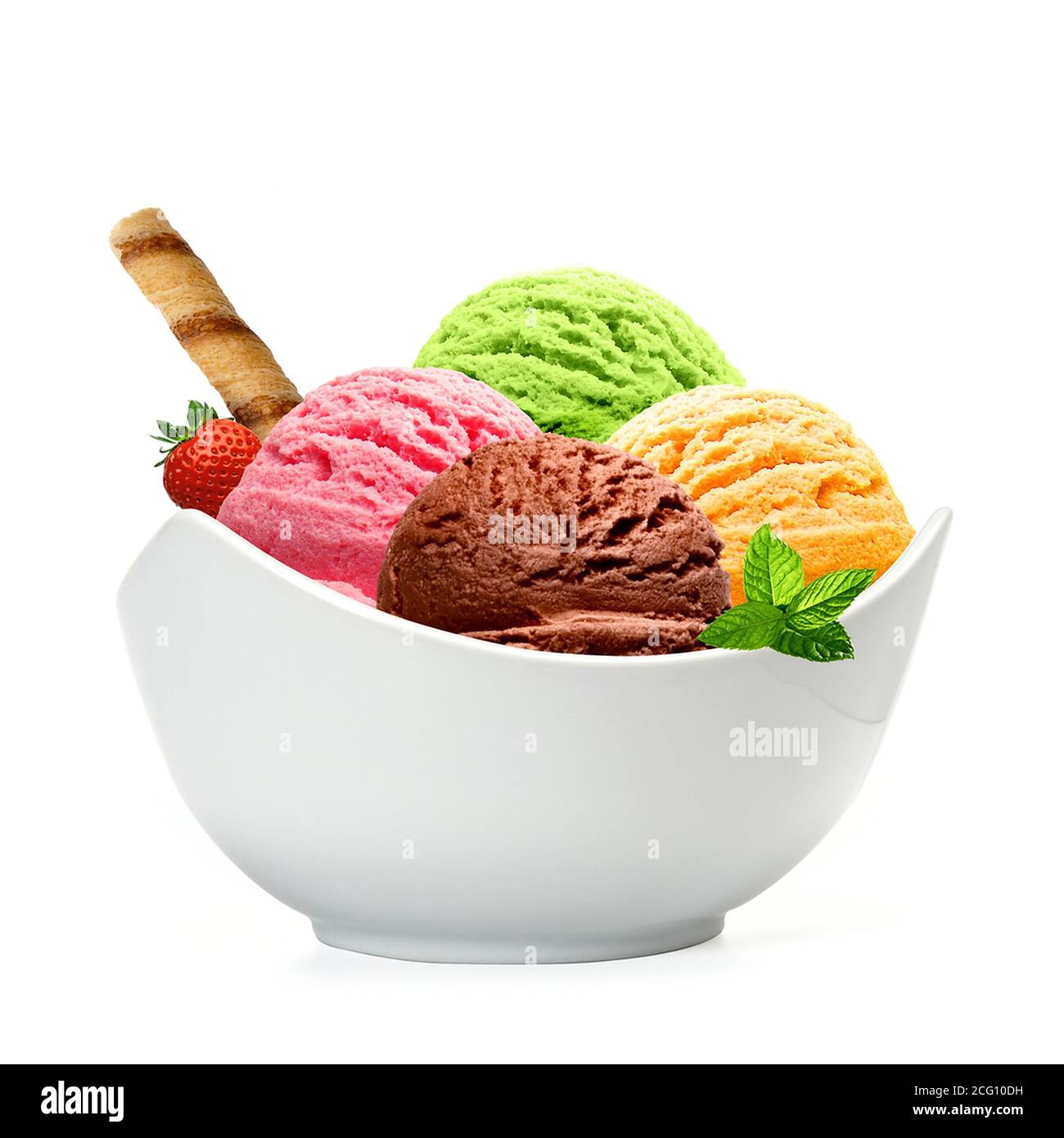 Ice cream scoops with wafer stick in waffle bowl with strawberry isola Stock Photo