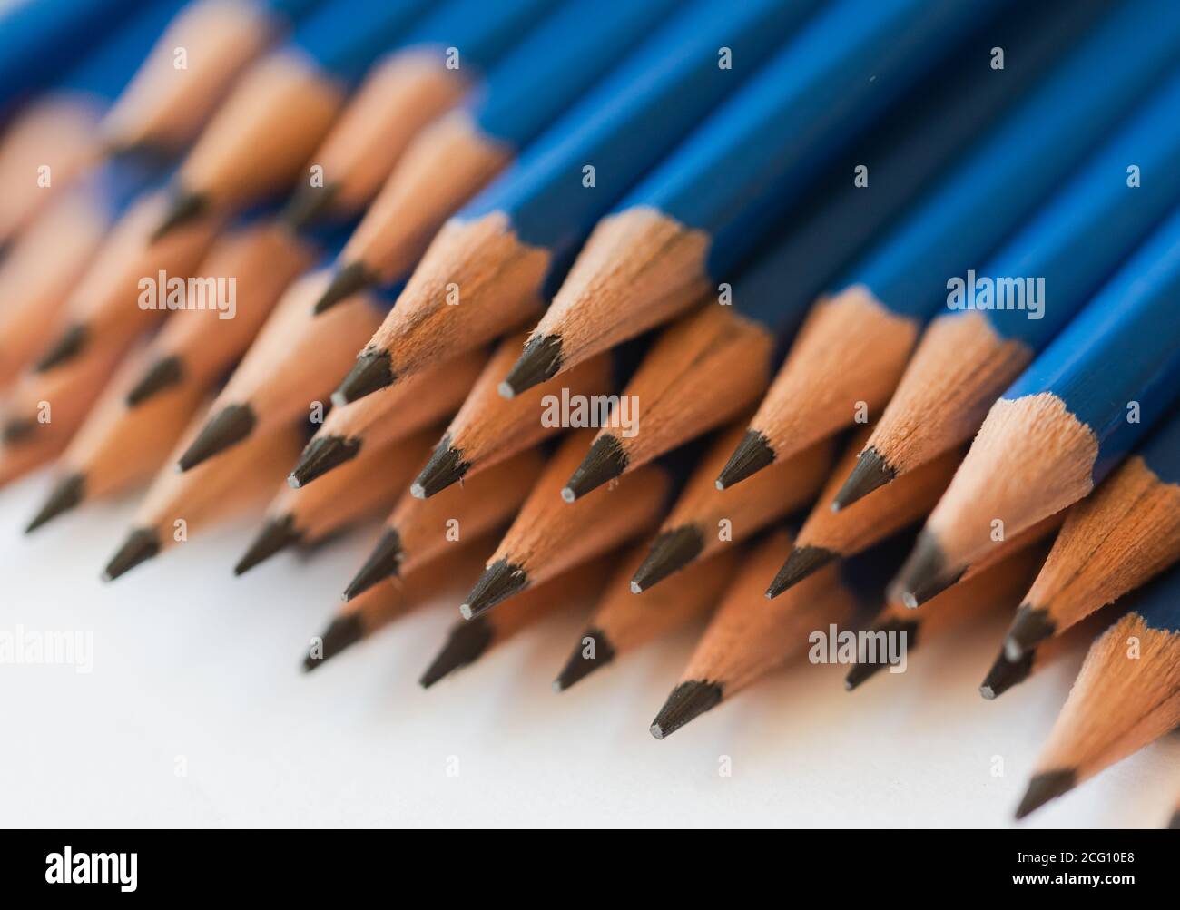 Close up of tops of new sharpened blue pencils against white paper. Stock Photo