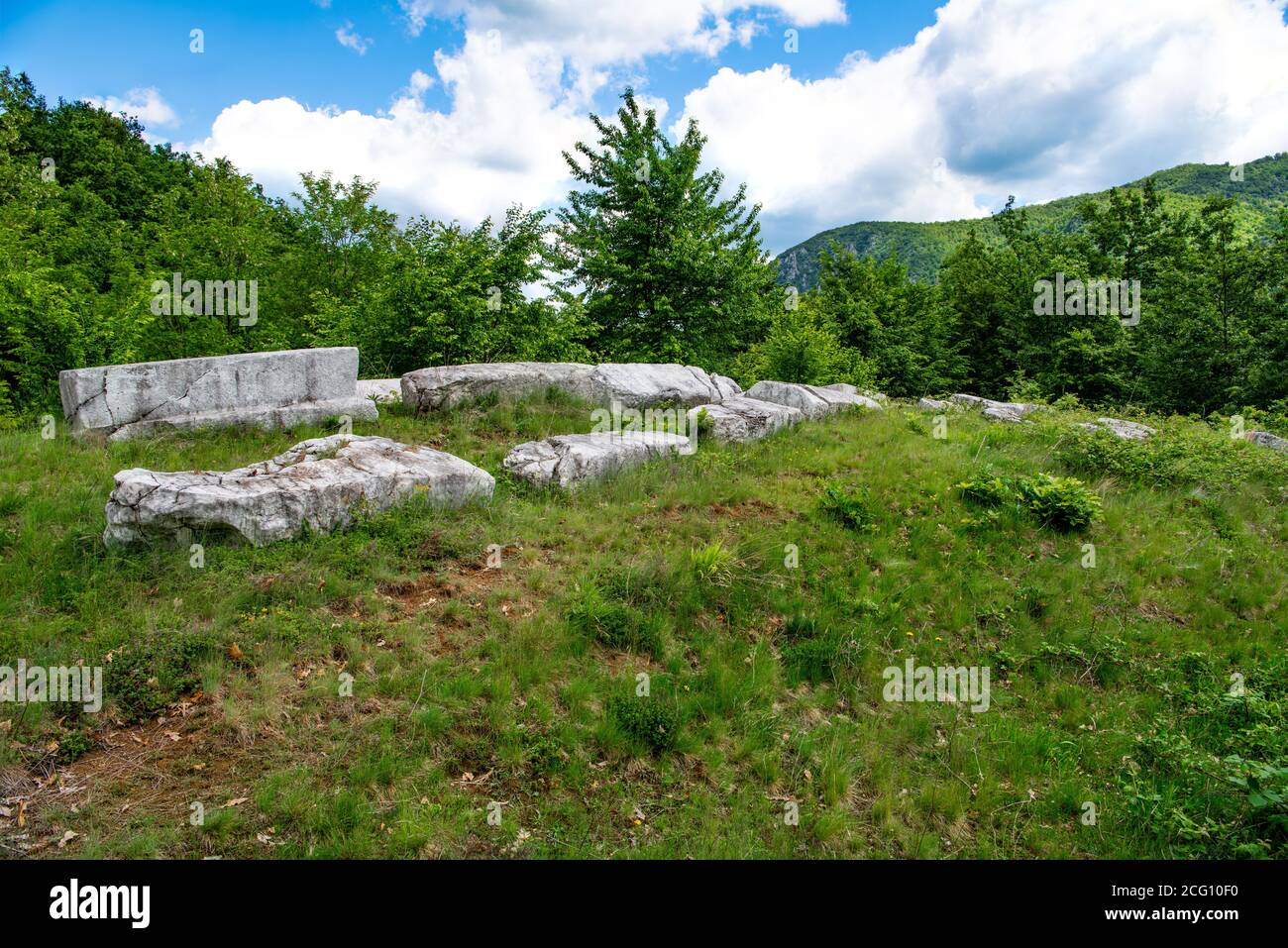 Medieval tombstones from 13Th century called Mramorje or Gajevi, located on Tara mountain near Krizevac village. Necropolis of different shapes. Stock Photo