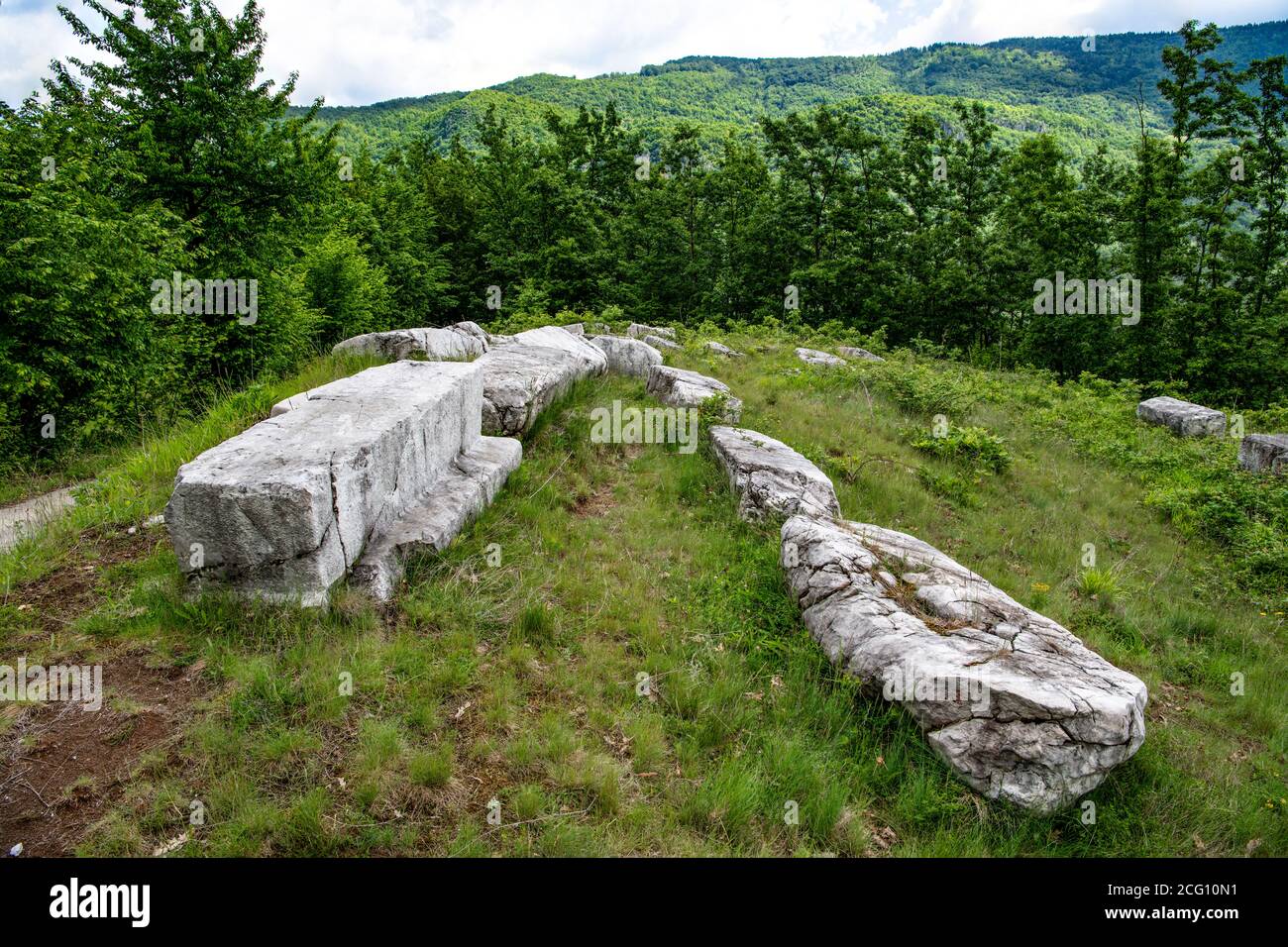 Medieval tombstones from 13Th century called Mramorje or Gajevi, located on Tara mountain near Krizevac village. Necropolis of different shapes. Stock Photo