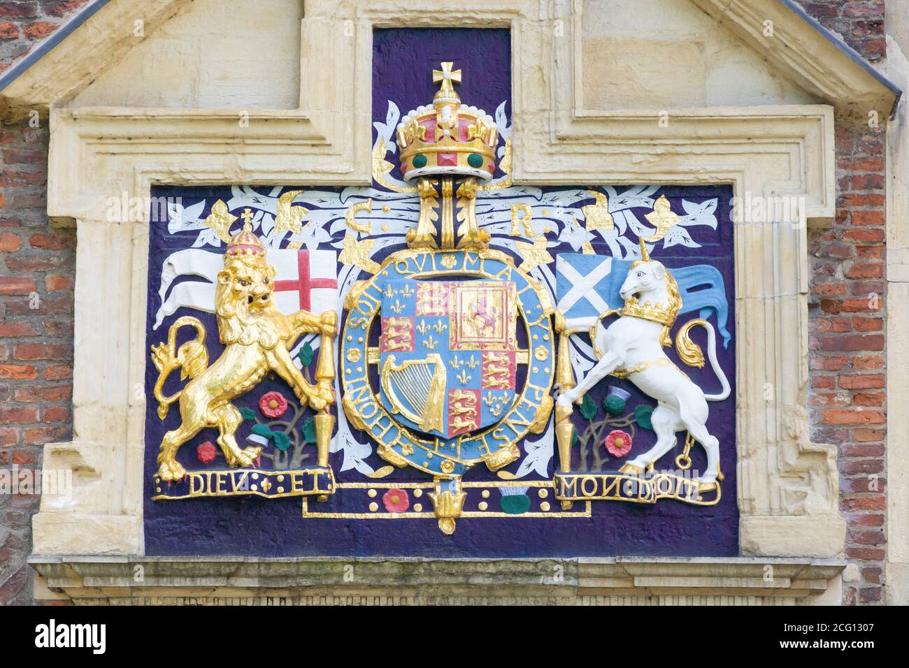 Royal Coat of Arms at entrance gate to King's Manor ( Department of archaeology) Exhibition Square, York, North Yorkshire, England, United Kingdom Stock Photo