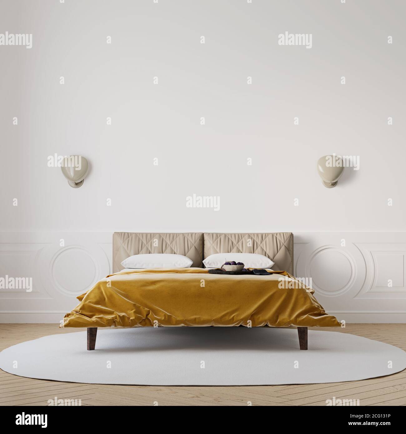 Brightly lit bedroom with vibrant gold color bedspread, mock-up with negative space, 3d render, 3d illustration Stock Photo