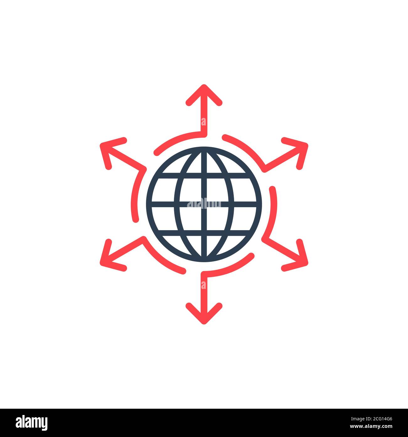 Infographic arrows around globe. Grow expand spread your company idea influence concept elements icon logo. Arrows in different direction. Stock Stock Vector