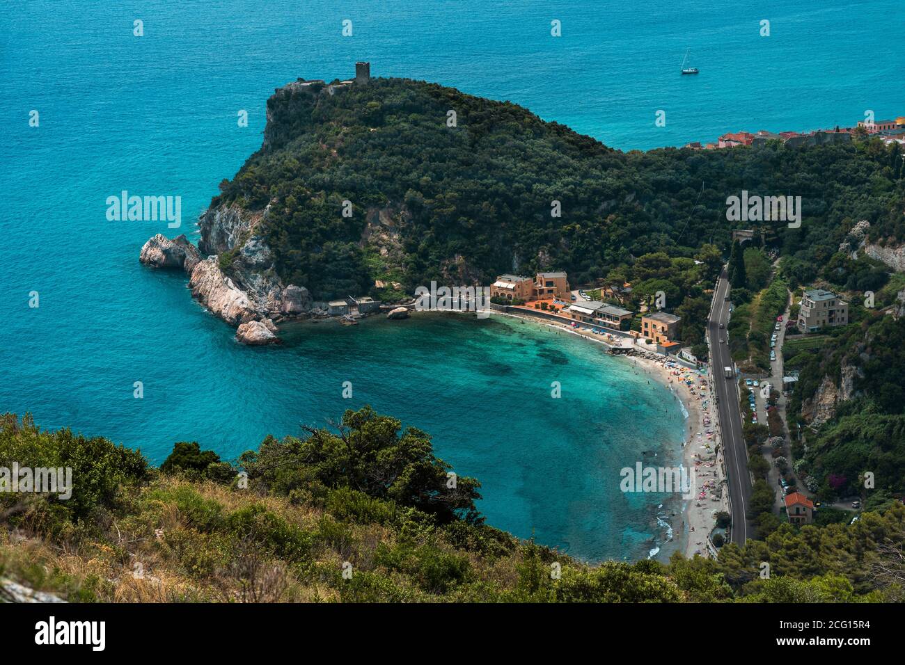 The beach of Varigotti (Finale Ligure) seen from a scenic trial on the hills Stock Photo