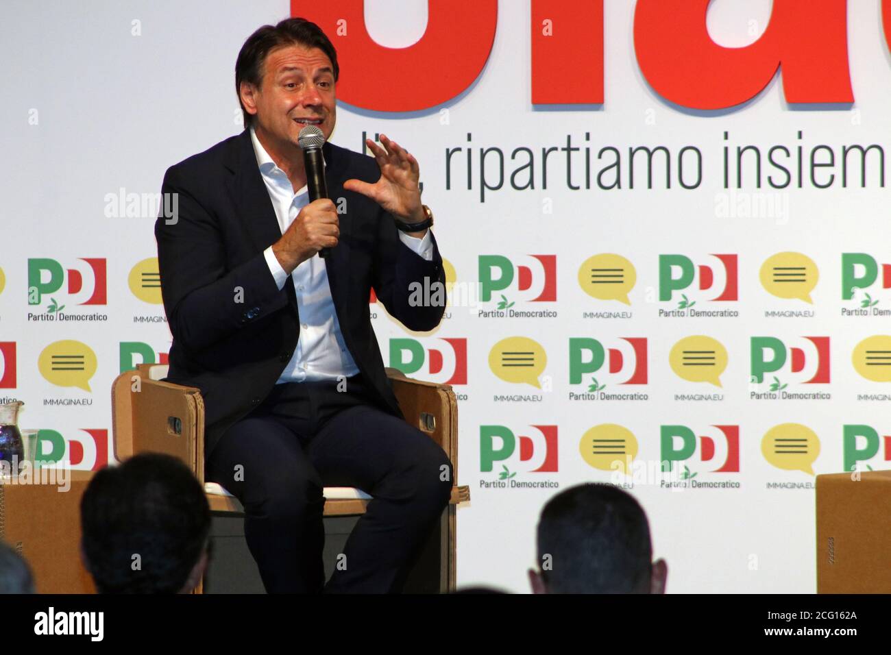 Modena, Italy, September 8, 2020 - Giuseppe Conte, prime minister of the Italian Republic, public interview at a Democratic Party event Stock Photo