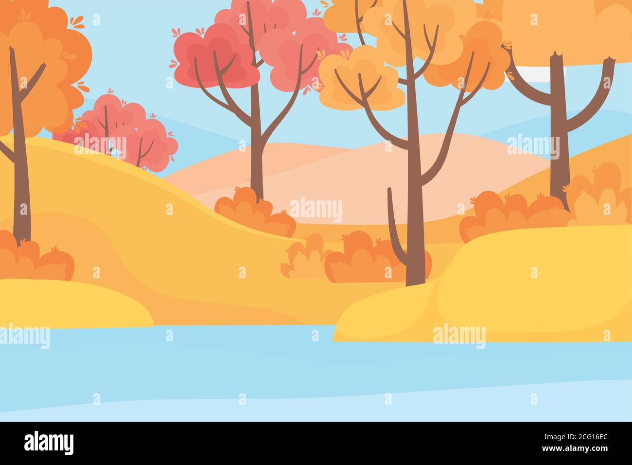 landscape in autumn nature scene, forest trees grass and lake vector ...