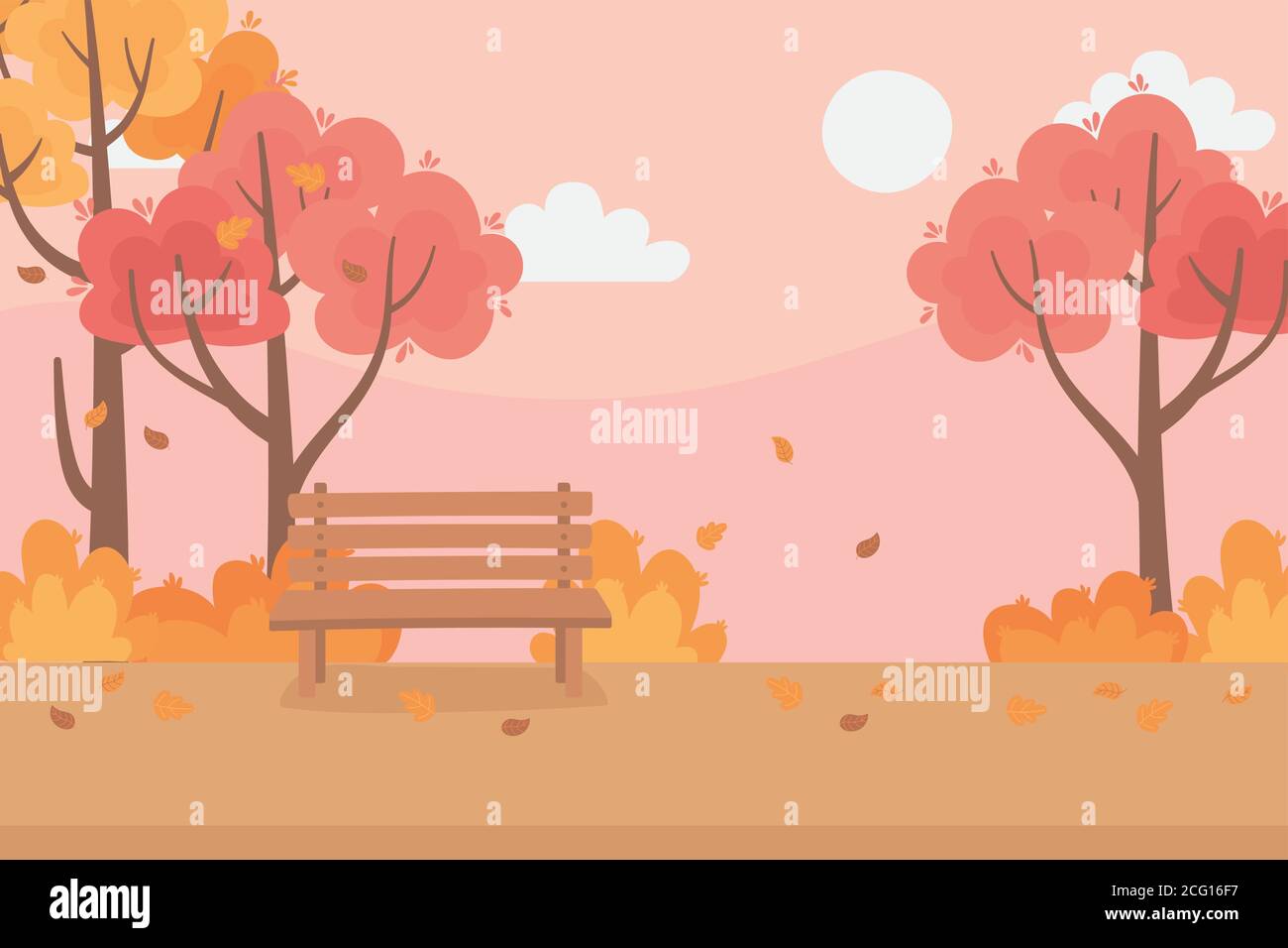 landscape in autumn scene, fall leaves trees meadow nature bench park ...