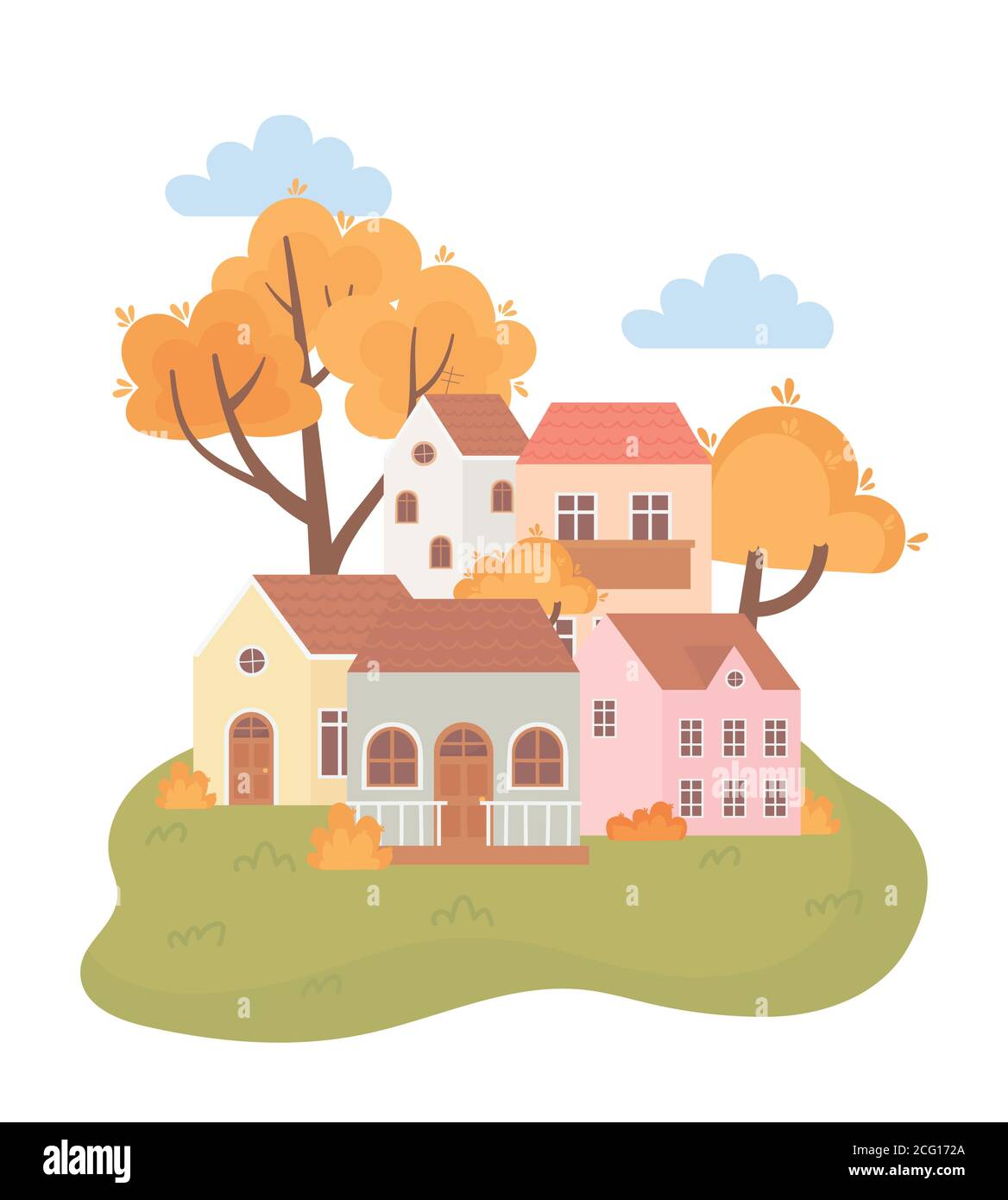 landscape in autumn nature scene, houses cartoon trees leaves bushes ...