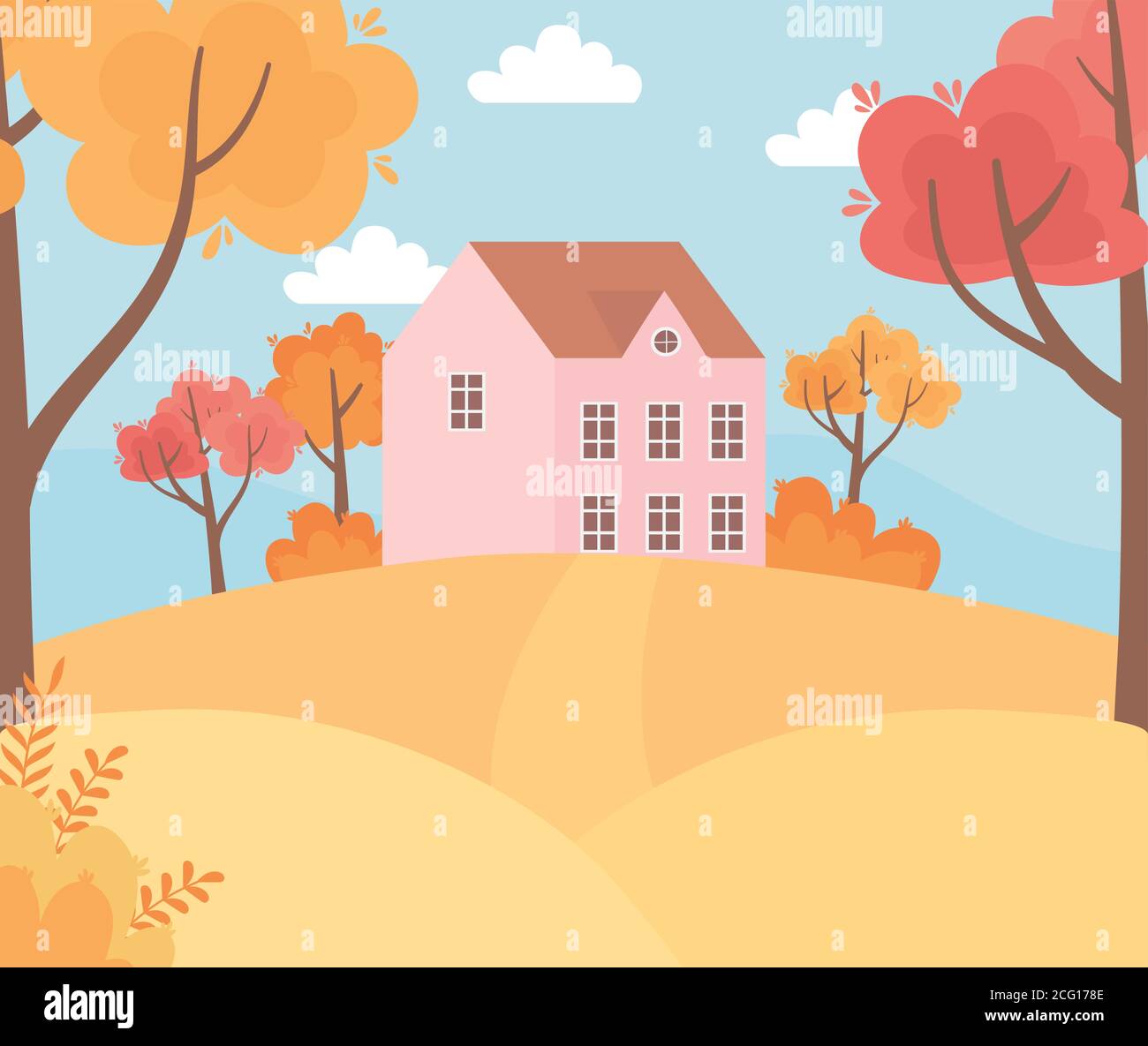 landscape in autumn nature scene, house in the hill pathway trees ...