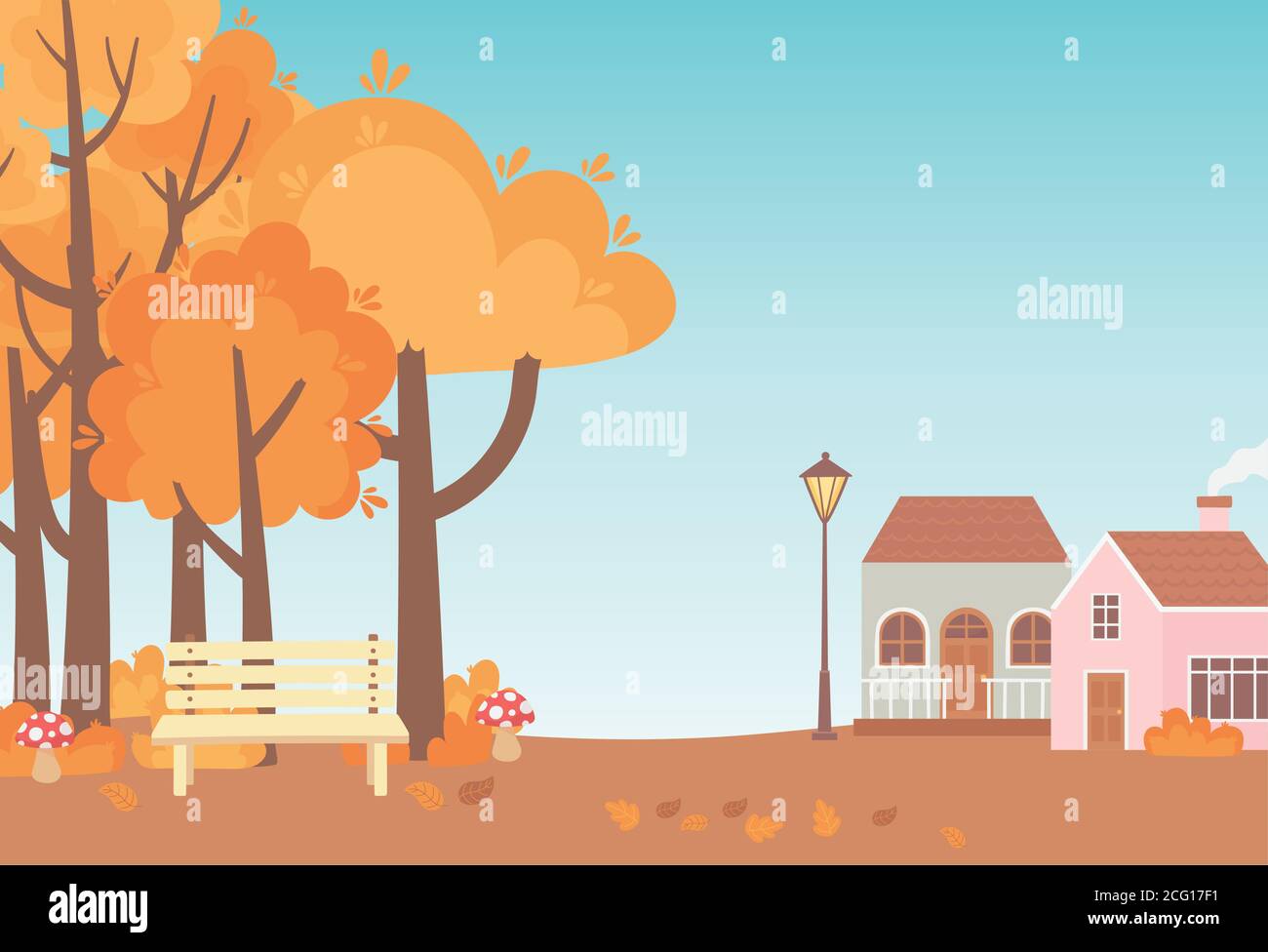landscape in autumn nature scene, cottages bench park trees and leaves ...