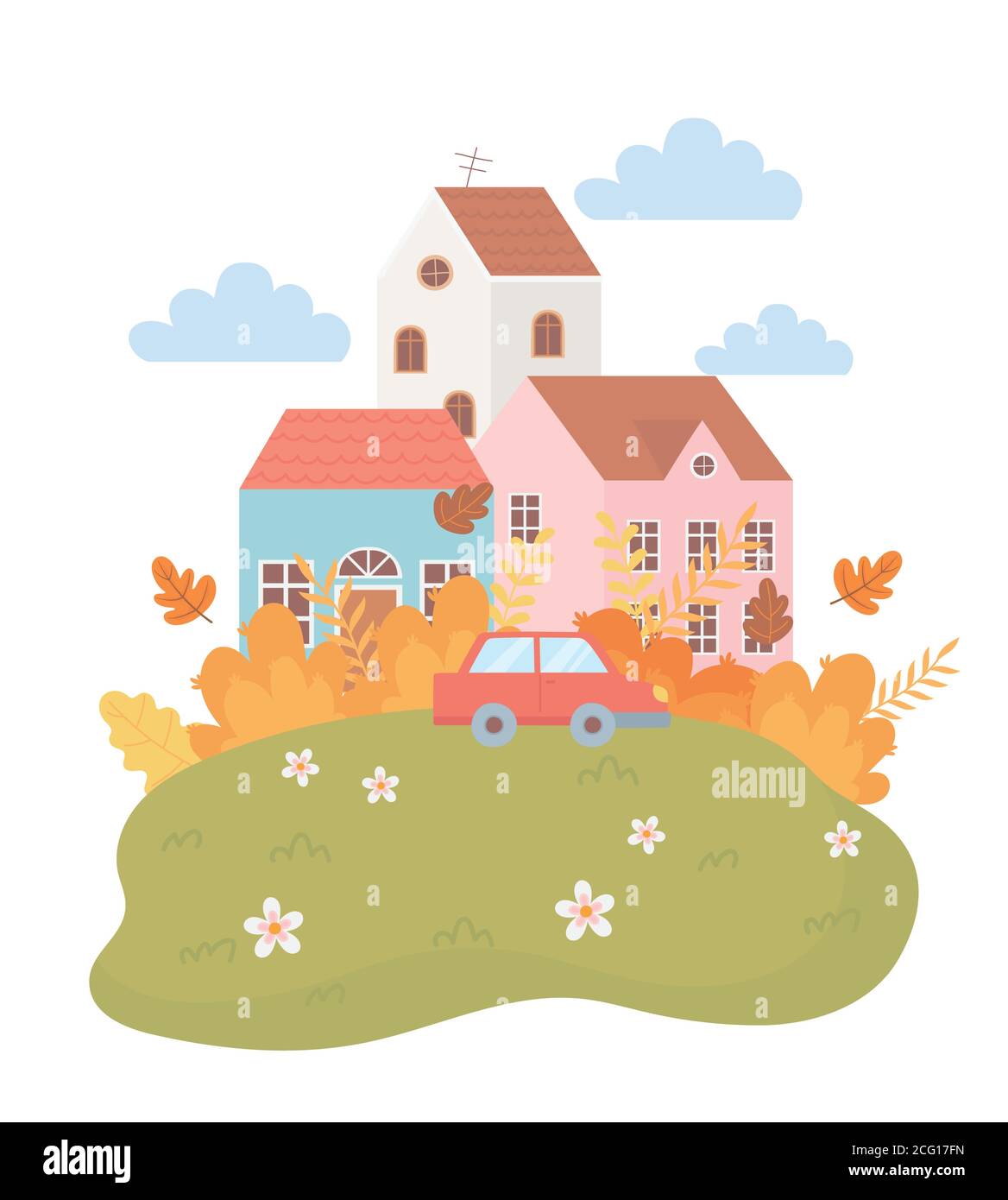 landscape in autumn nature scene, village houses car in the grass with ...