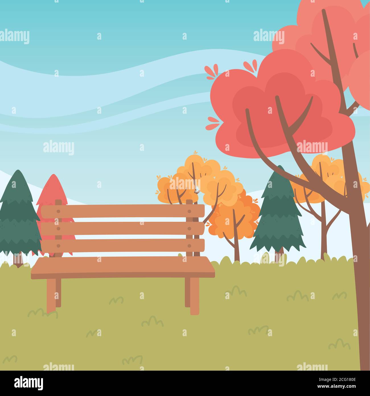 landscape in autumn nature scene, bench park trees grass natural vector ...